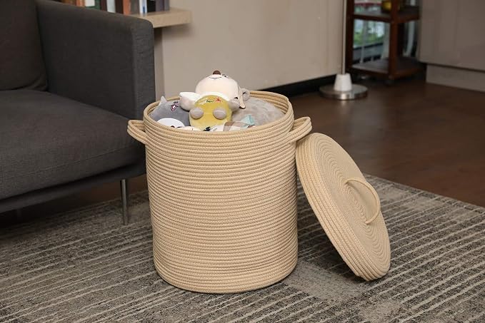 16x18 Inch Extra Large Round Cotton Rope Storage Basket with Lid, Decorative Woven Bin with Cover for Living Room Bedroom Closet, Beige - Image 3