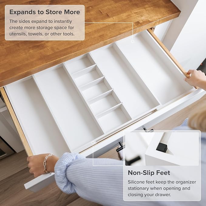 Utensil & Junk Drawer Organizer, 19-33 in, White Bamboo | Food-safe contract grade, 100% sustainable wood, non-slip, adjustable - Image 5