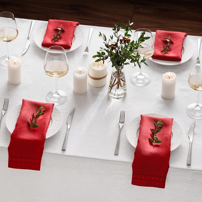 Linen Napkins Set of 4-100% Pure Linen Red Embroidered Dinner Napkins - Hemstitch Cloth Napkins Washable for Halloween, Christmas and Winter Decor - Image 3