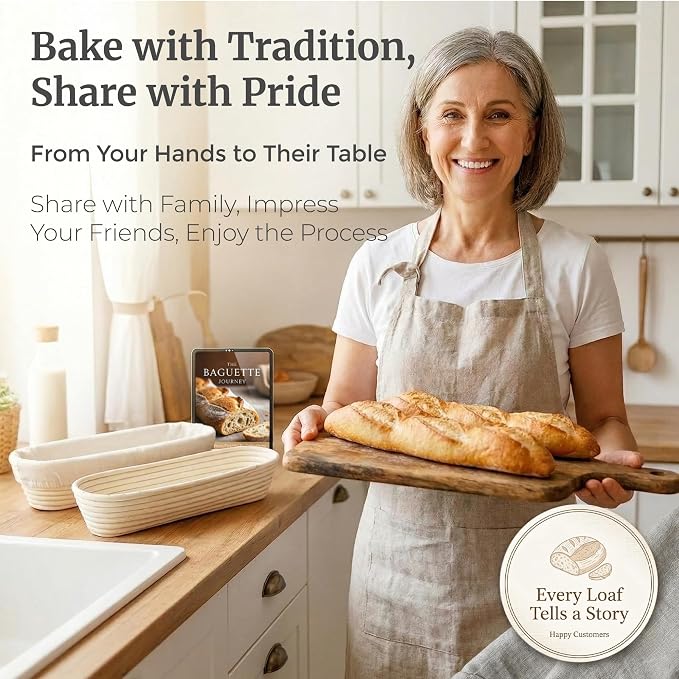 15 Inch Baguette Proofing Basket Set of 2 for Sourdough & French Bread | Handwoven rattan banneton with removable cotton liners; shapes & rises dough before baking; recipe eBook included - Image 5