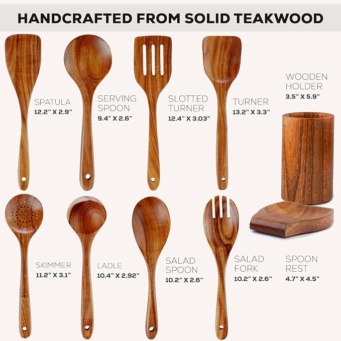 Zulay Kitchen 10-Piece Wooden Spoons for Cooking - Smooth Finish Teak Wooden Utensils for Cooking - Soft Comfort-Grip Wood Spoons for Cooking - Non-Stick Wooden Cooking Utensils - Wooden Spoon Sets - Image 3