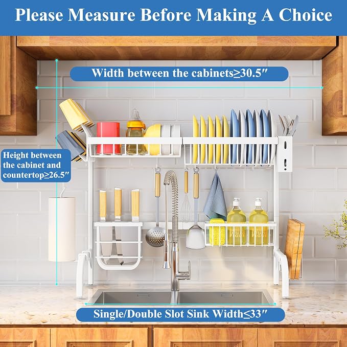 Over The Sink Dish Drying Rack, Adjustable (25.5 to 36.5 inch) 2 Tier Metal Steel Dish Drying Racks for Kitchen Counter with Hooks Paper Towel Utensil Cup Holder Sink Caddy (White) | All-in-One Large Capacity, Snap-On Design for Flexible Use, Strong Me... - Image 8