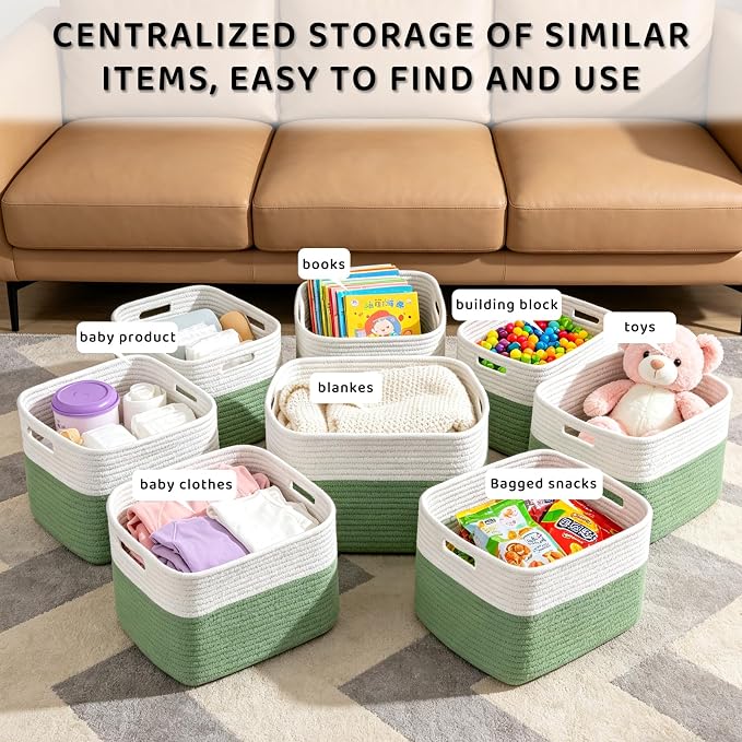 4 Pack Storage Baskets for Organizing, 11''Lx9''Wx8''H Woven Baskets for Storage Toys, Towels, Books, and Clothes, Cotton Rope Basket for Shelves with Handle - Image 6