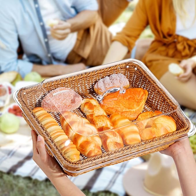 Mumufy 2 Pack Wicker Large Bread Basket with Acrylic Lid Housewarming Gift Woven Rectangular Imitation Rattan Fruit Basket with Cover for Serving Food Display Tabletop Home Kitchen(15.75x11.81'') - Image 6