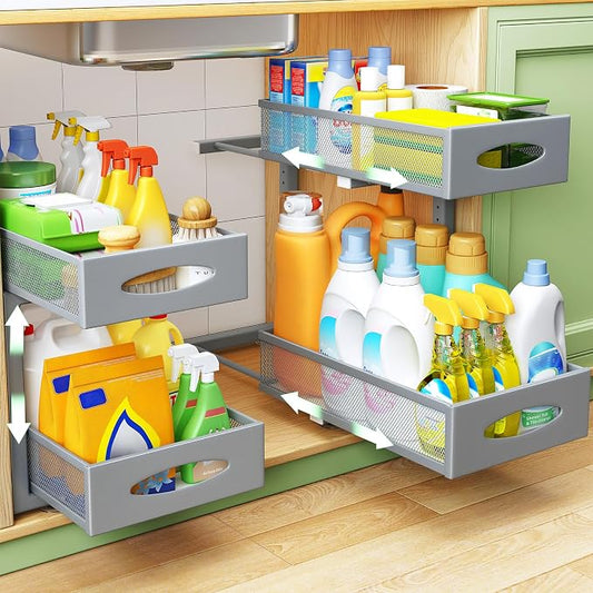 1 Pack Under Sink Organizer, 2 Tier Pull out Cabinet Organizer Mesh Baskets with 5 Adjustable Heights, Sliding Drawers Storage Shelf for Home, Kitchen, Bathroom, Pantry, Office, Countertop ,Grey by Kitstorack