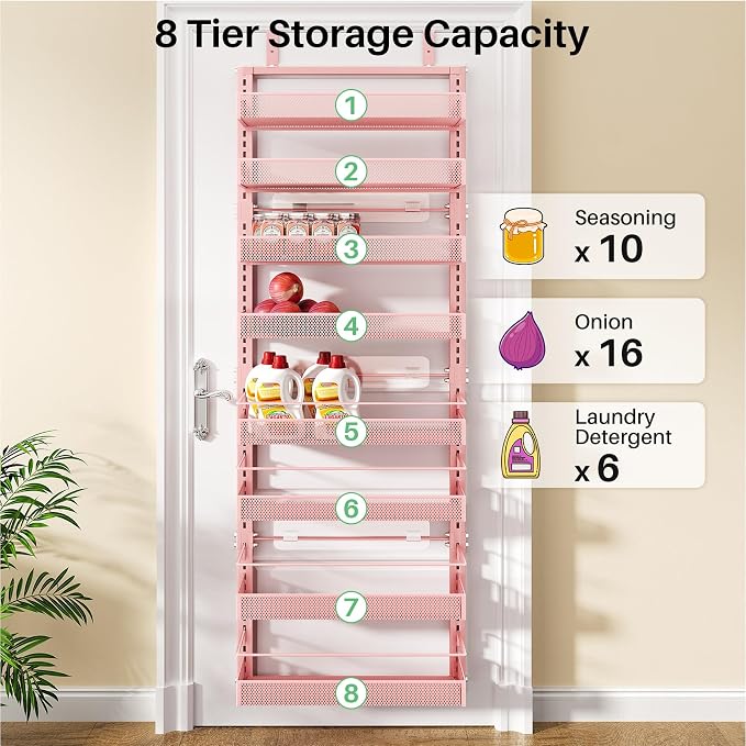 SNTD 8 Tiers Over the Door Organizer, 17" W x 6" D x 69" H, Pink | Pantry Door Organizers and Storage, Height Adjustable Spice Rack, Dense Mesh Baskets, Anti-Swing, Adjustable Door Fastener - Image 7