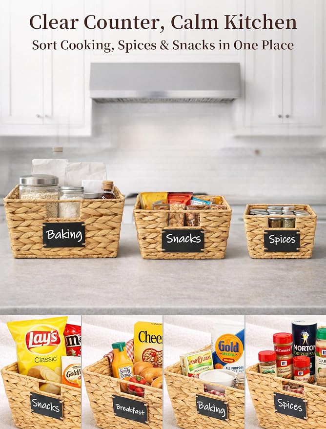 Pantry Baskets, 3 Pack Wicker Storage Baskets for Shelves, Natural | Water Hyacinth Baskets for Organizing, 3-Size Pantry Bins with Chalkboard and Marker for Shelf, Snack, Kitchen, Bathroom - Image 4