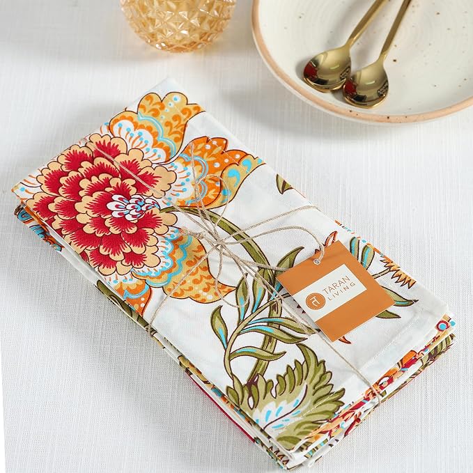 Napkins Fall Printed Cotton Cloth Napkin Reusable Boho Dinner Napkin Set Washable Dish Napkin for Gifts, Home Decor, Hotel, New Year Party - Kaveri - Set of 6, 20x20 Inches - Image 4