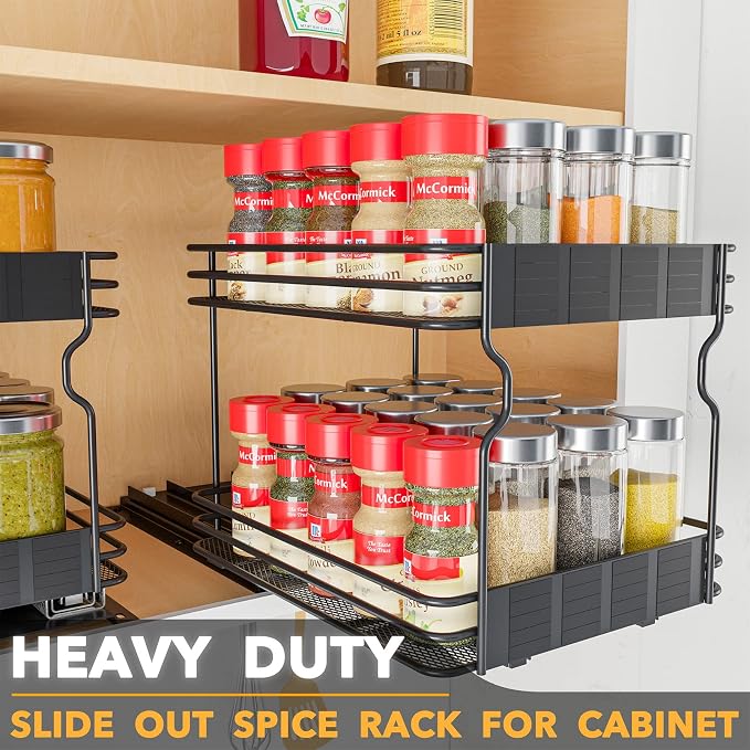 SpaceAid Pull Out Spice Rack Organizer for Cabinet, Heavy Duty Slide Out Seasoning Kitchen Organizer, Cabinet Organizer, with Labels, 8.5" W x10.75 D x8.5 H, 1 Drawer 2-Tier - Image 3