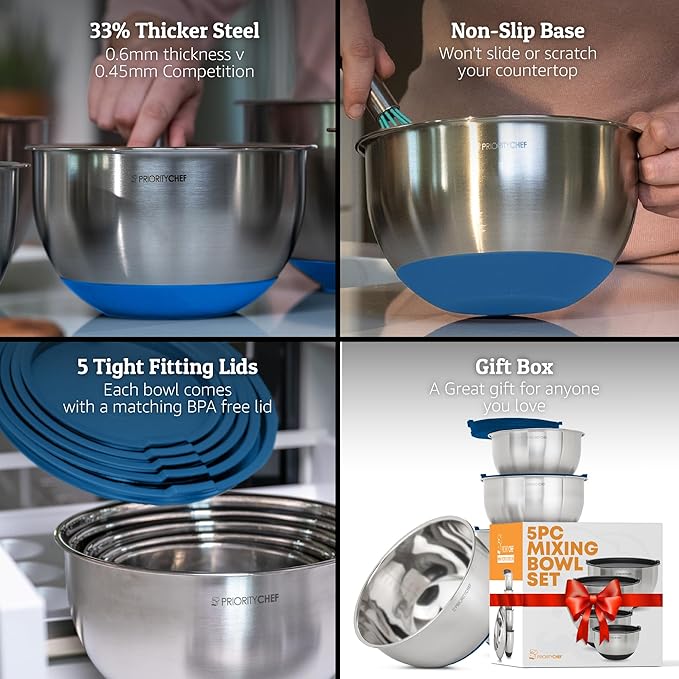 Premium Mixing Bowls With Airtight Lids Set, Thicker Stainless Steel Mixing Bowl Set, Large Prep Metal Bowls with Lids, Nesting Bowls for Kitchen, 1.5/2/3/4/5 Qrt, Blue - Image 2