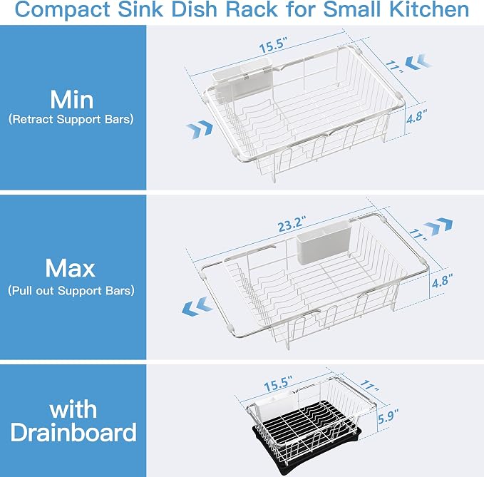 JASIWAY White Dish Drying Rack in Sink with Drainboard and Utensil Holder | Use Over the Sink or Counter, Stainless Steel Expandable Dish Drainer for Small Kitchen, Space Saving, Fast Drain, Rustproof - Image 5