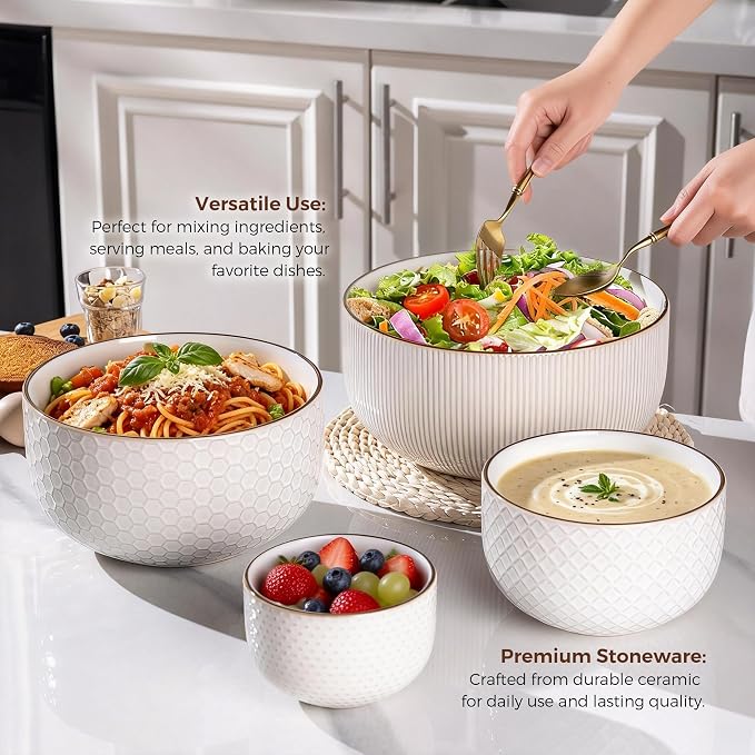 GBhome Ceramic Mixing Bowls Set of 4, Stoneware Nesting Serving Bowls | 150/105/45/20 oz For Prep, Baking, Serving, Gift, Microwave and Dishwasher Safe, Embossed Dishware Collection-Off White - Image 4