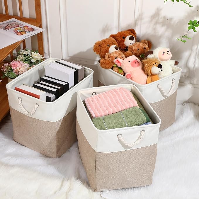 meekoo 8 Pack Collapsible Storage Bins Fabric Storage Bins Polyester Fabric Baskets with Handles Linen Closet Organizer for Shelf Home Closet Towels Toys(17 x 12 x 15 in,Beige) - Image 3