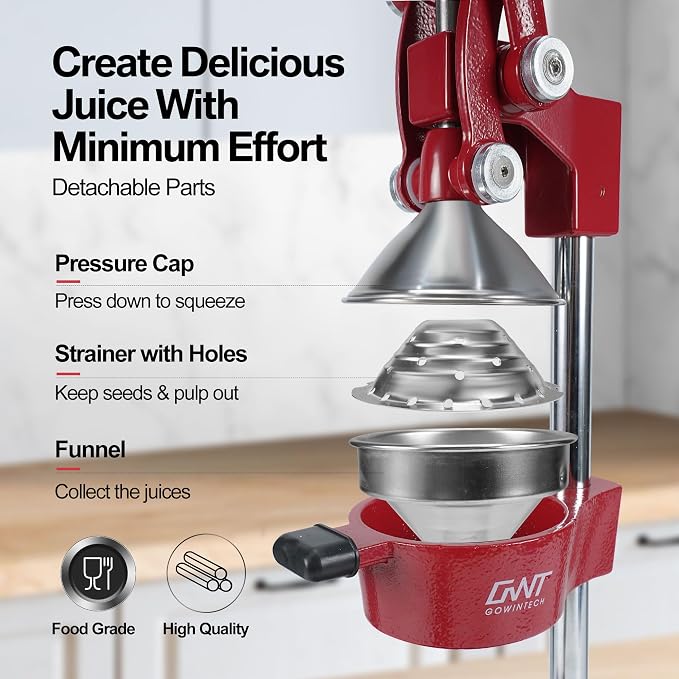 18 Inch Height Commercial Heavy Duty Cast Iron Hand Press Manual Orange Citrus Lemon Lime Grapefruit Pomegranate Fruit Juice Squeezer Machine with Stainless Steel Cup and Durable Base Red - Image 5