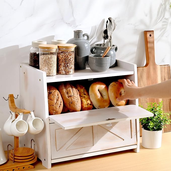 Bamboo Corner Bread Box for Kitchen Countertop 2-Tier White | Farmhouse Bread Storage Container, Large Pantry Organizers for Homemade Snacks, Loaves, Breathable Keeps Bread Fresh - Image 2