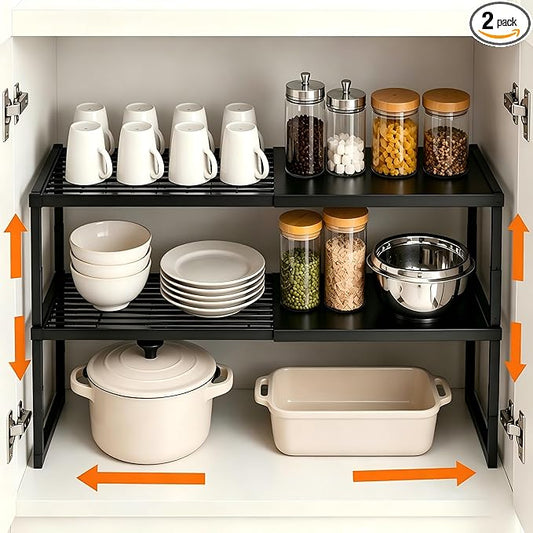 Cabinet Shelves, 2 Pack Stackable Shelves for Pantry Storage | Expandable & Height Adjustable Cabinet Organizer Shelf | Metal Shelf Organizer | Black Spice Rack for Pantry Storage by HOFUSUSER