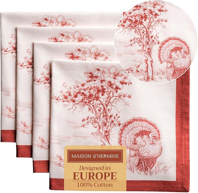 Maison d' Hermine Cloth Napkins Set of 4 Reusable 100% Cotton (20" x 20") | Everyday Square Napkins Cloth Washable Dinner Wedding Restaurant Hotel Kitchen Thanksgiving Christmas - Holy Jouy - Red by MaisondHermine