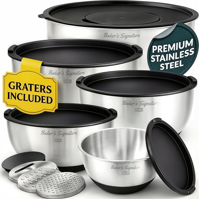 Stainless Steel Mixing Bowls with Lids Set of 5, 3 Graters, Black | Nesting Design with Airtight Covers & Non-Slip Base – Mirror Finish for Food Prep, Storage, Baking & Serving by BakersSignature