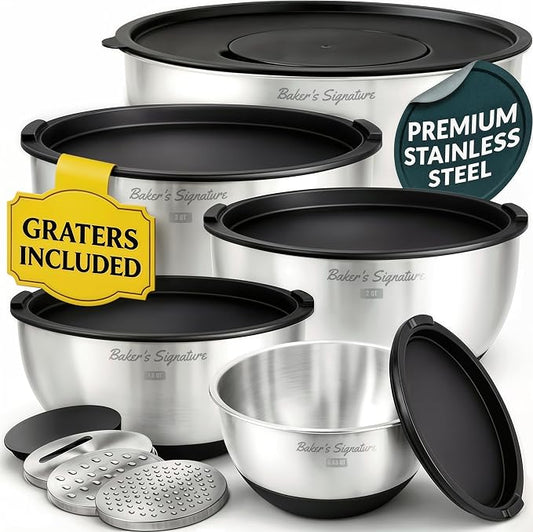 Stainless Steel Mixing Bowls with Lids Set of 5, 3 Graters, Black | Nesting Design with Airtight Covers & Non-Slip Base – Mirror Finish for Food Prep, Storage, Baking & Serving by BakersSignature
