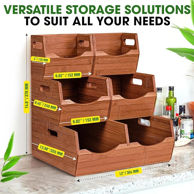 3-tier Stackable Bamboo Pantry Storage Bins, Potato & Onion Storage Baskets | Upgraded Storage Basket with Handles, Removable Divider, Pantry Organizer Holder for Kitchen, Cabinet, Fruit Storage (Walnut) - Image 5