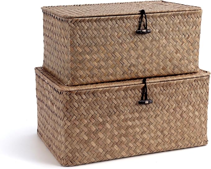 Nonam Storage Basket with Lid, Natural Seagrass Bin with Lid Set of 2, Shelf Baskets Multipurpose Container for Boho Decoration, Rectangular Household Storage Boxes for Home Organization-Coffee by Unknown