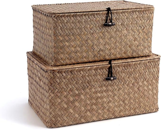 Nonam Storage Basket with Lid, Natural Seagrass Bin with Lid Set of 2, Shelf Baskets Multipurpose Container for Boho Decoration, Rectangular Household Storage Boxes for Home Organization-Coffee by Unknown