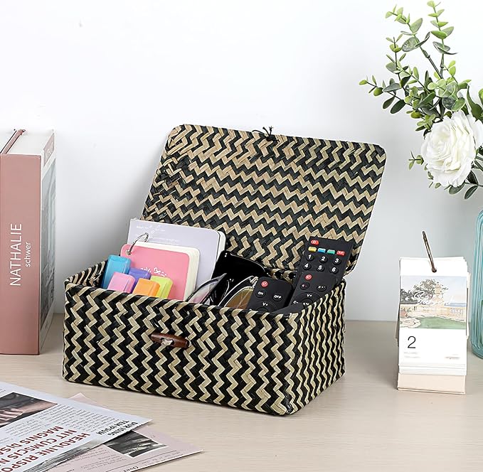 Hipiwe Seagrass Storage Baskets with Lid Woven Wicker Storage Bins for Organizing Natural Rectangular Home Organizer for Bedside Living Room Entryway Table,10.2" x 6.3" x 3.9" - Image 3