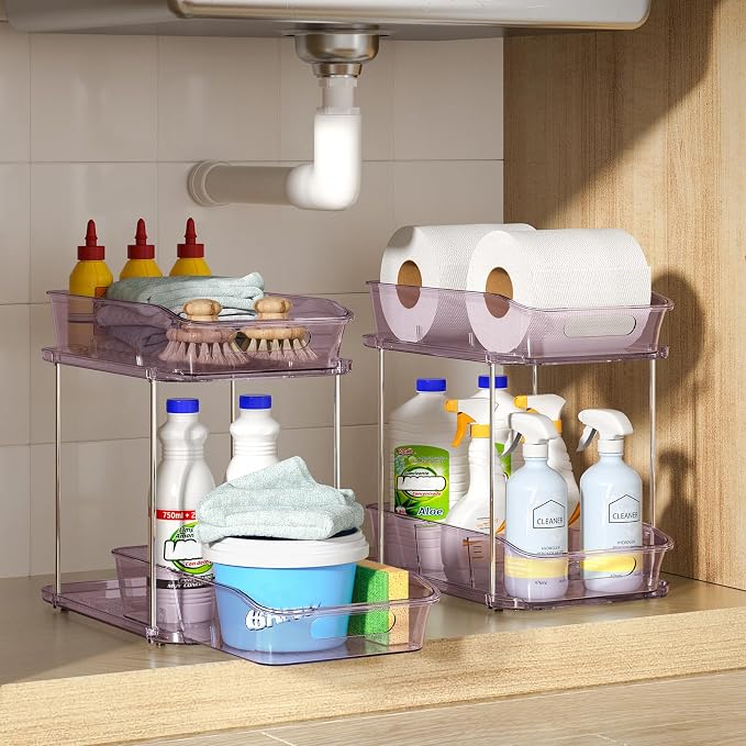 Delamu 2-Tier Under Sink Organizers and Storage, Multi-Purpose Stackable Bathroom Cabinet organizers, Pull Out Kitchen Pantry Organization and Storage with Dividers(2 Pack, Purple) - Image 9