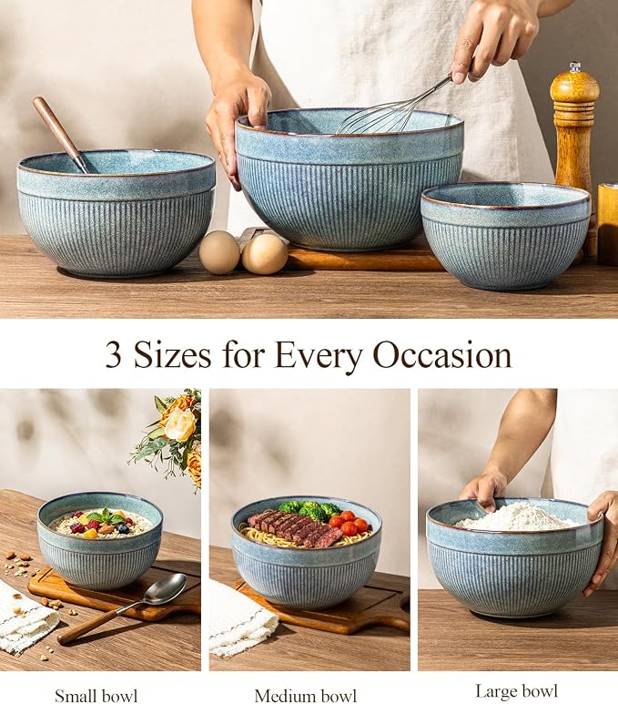 GBhome Ceramic Mixing Bowls Set of 3, Stoneware Nesting Serving Bowls, | 45/90/150 oz For Prep, Baking, Serving, Gift, Microwave and Dishwasher Safe, Ribbed Dishware Collection,Ceylon Blue - Image 4