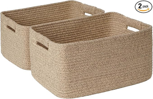 2 Pack Large Storage Basket for Organizing, 17.5"x13"x7" Woven Basket for Shelves, Closet Cube Storage Bins with Wrapped Handle, Cotton Rope Baskets for Kitchen, Clothes, Toys (Natural) by Degeyoyo