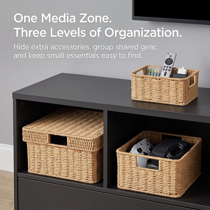 Wicker Storage Basket with Lid for Shelves, 3-Basket Set, Natural | One rectangular wicker basket with lid and two open baskets for decorative shelf storage; removable lid flips into a tray. - Image 6
