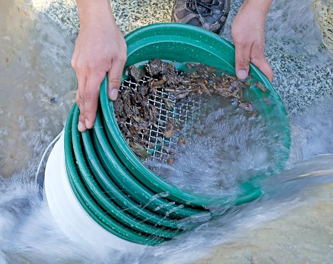 SE 13.25 Inch Wide Stackable Classifier Gold Prospecting Pan Set - Includes 1/2" 1/4" 1/8" 1/12" and 1/20" Stainless Steel Mesh Sifting Pans, Green, 5 Pack - Image 2