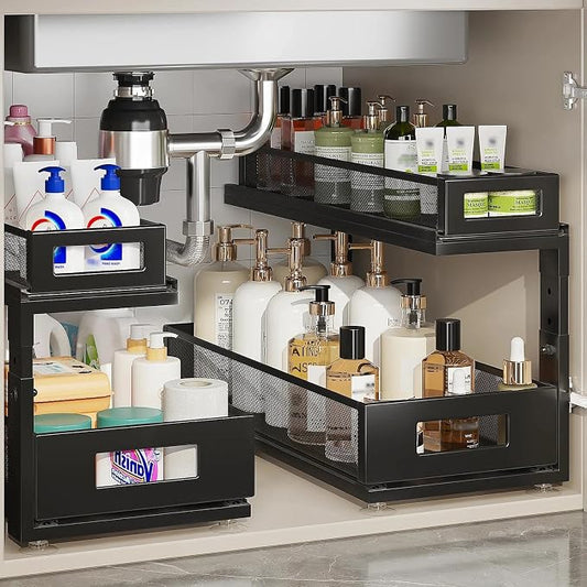 2 Pack 18.5IN-Depth Under Sink Organizer With Next-Gen Ball-Bearing Slides,2-Tier Pull Out Cabinet Storage,Height Adjustable Drawer Shelf for Bathroom,Kitchen,Laundry,Cabinet,Pantry-Black by Corbyles