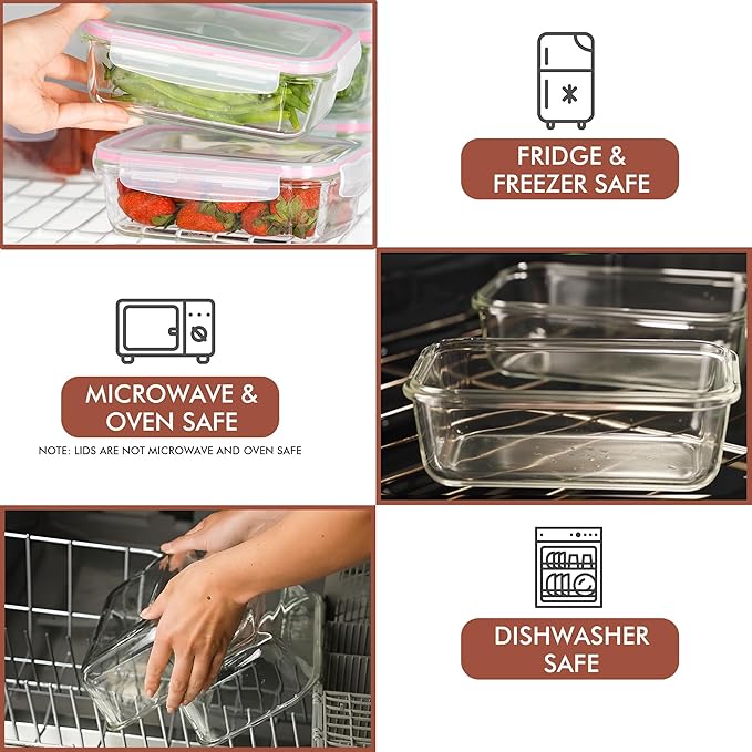 Razab 16 Pc (Set of 8) 30 Oz Glass Meal Prep Containers with Lids, Airtight Large Glass Food Storage Containers, Reusable Leak Proof BPA Free, Freezer to Oven and Dishwasher Safe - Image 5