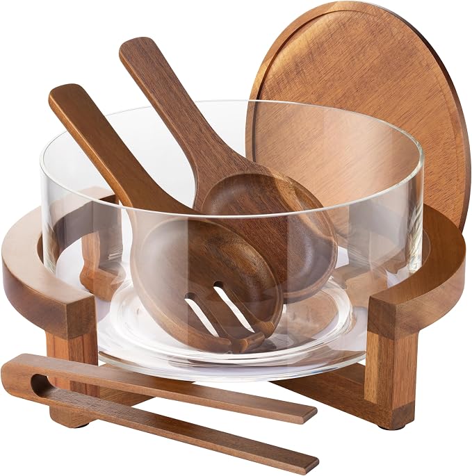 X-Large 6.5 L Glass Salad Bowl with Lid Set, Decorative Glass Mixing Bowl, Trifle and Serving Bowls with Lids as Cheese Charcuterie Board and Plate, Comes with Wood Serving Utensils by Unknown
