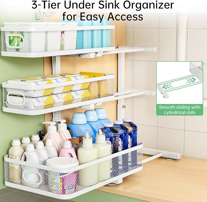 3 Tire Under Sink Organizer, Pulling Out Drawers, Heavy Duty (2, White) | 35% More Capacity, Rust Proof, Easy Installation - Image 8