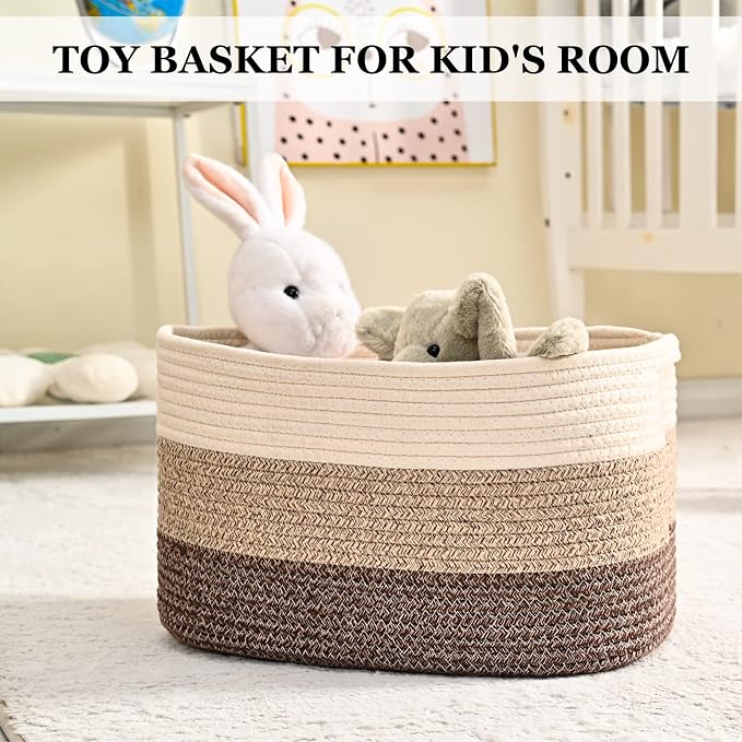 Cotton Rope Storage Baskets for Organizing 1Pack 15"x10"x9" Woven Baskets for Storage,Shelf Baskets Cube Storage Bins Towel Baskets for Bathroom,Toys Baskets Nursery Basket Laundry Baskets(White/Brown) - Image 6