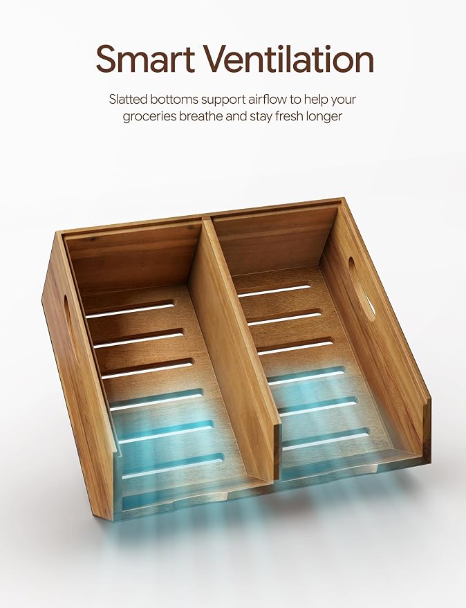 TIDITA Set 3 Wood Potato and Onion Storage Bin, Stackable Product Basket | Acacia Wood, Built-in Handles, Ventilated Pantry Storage Bins, 50LBS Capacity, Non-skid Pad, Slatted Bottoms, Multi-Use - Image 5
