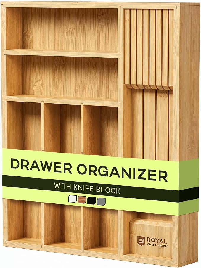 Drawer Organizer with Knife Block for Kitchen Organization, Bamboo Silverware Drawer Organizer, Compact Bamboo Cutlery Tray for Flatware and Utensils, Removable 7-Slot Knife Block for Kitchen Drawers by ROYALCRAFTWOOD