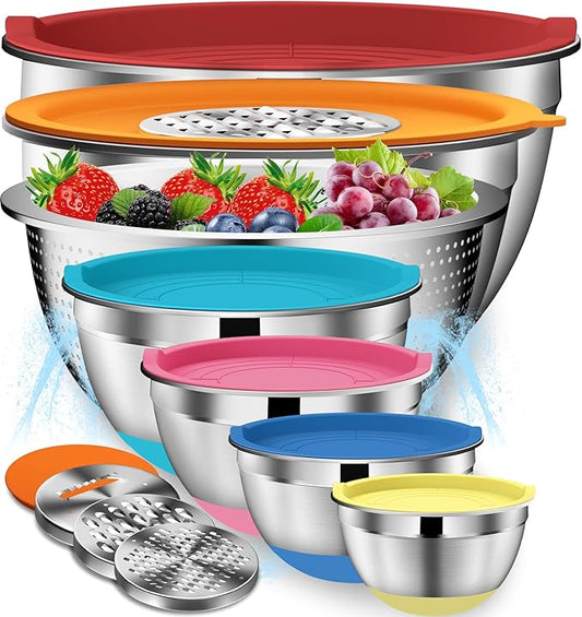 DUTZUN Mixing Bowls with Lids Set - 16pcs Stainless Steel Mixing Bowl Set with Colander, 3 Grater Attachments, Non-Slip Bottom, Metal Nesting Bowls with Strainer for Mixing & Serving - Multicolor by DUTZUN