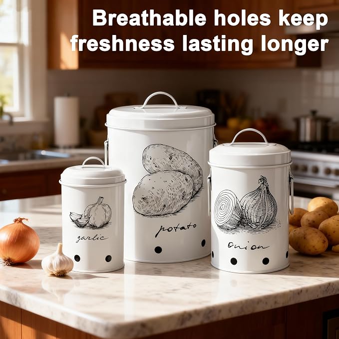 Kitchen Potato and Onion Storage Bin,Metal Vegetable Storage Bins Set of 3 with Aerating Holes and Lids,Farmhouse Canisters Sets for the Kitchen Countertop (1, Circular) - Image 2