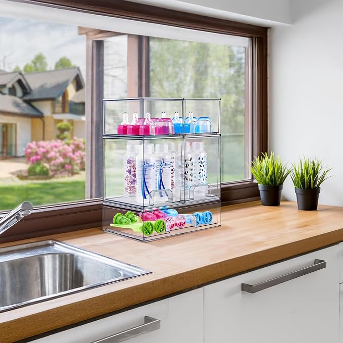 Sorbus Wide Stackable Acrylic Storage Drawers, 6 Pack Clear Plastic Organizer Bins for Baby Bottles, Makeup, Bathroom, Vanity & Countertop Organization, Pull-Out Drawer Design for Cabinets & Pantry - Image 3