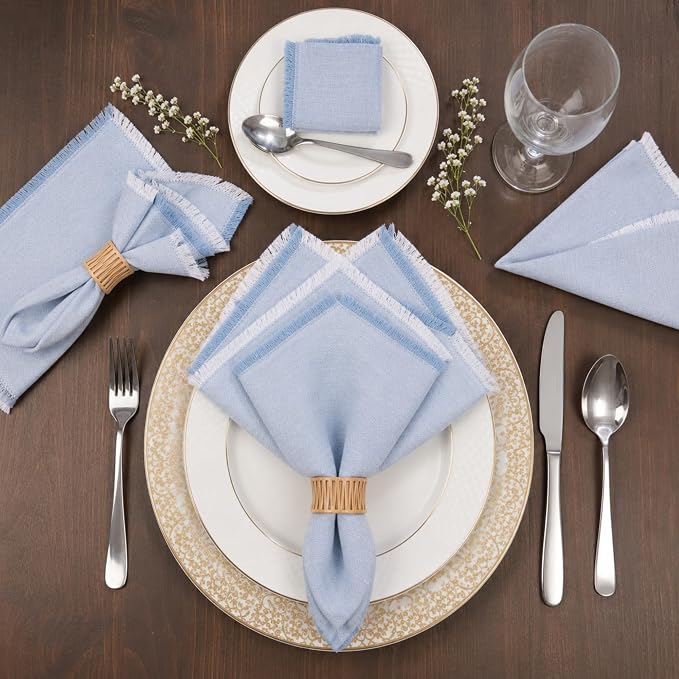 Folkulture Cloth Napkins, Set of 12, Fringe Blue (18x18 Inch) | 100% Cotton, Decorative, Machine Washable, Soft, Premium, Family Dinner Napkins for Parties,Wedding, Kitchen Decorations by FOLKULTURE