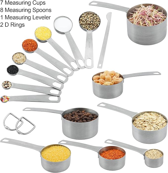 Measuring Cups and Spoons Set, 18/8 Stainless Steel 7 Measuring Cups and 8 Measuring Spoons with Leveler, Kitchen Measure Cups Spoons, Heavy Duty Baking Measurement Cups Spoons Set - Image 4