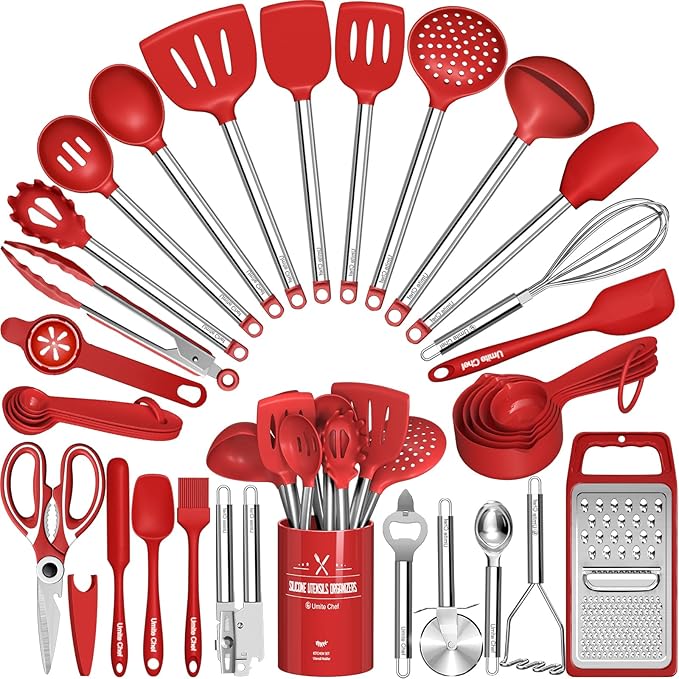 Kitchen Utensils Set- Umite Chef 34 PCs Cooking Utensils with Grater, Spoon Spatula, Heat Resistant Food Grade Silicone, Stainless Steel Handles Kitchen Gadgets Tools Set for Nonstick Cookware(Red) by UmiteChef
