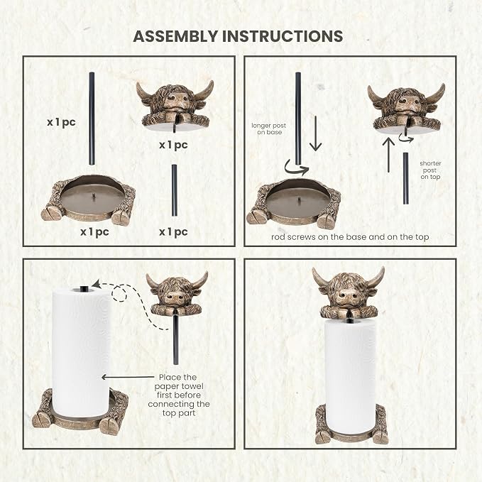 Rustic Highland Cow Paper Towel Holder - Resin Metal Farmhouse Decor Stand | Unique country-style kitchen/dining countertop organizer, adorable animal figurine display, ideal gift, fits standard rolls - Image 3
