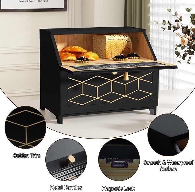 HOLTICO Double Layer Bread Box with Golden Trim for Kitchen Countertop | Wooden Bread Container for Kitchen Counter, Large Capacity Bread Keeper, Farmhouse Food Organizer with Glass Window - Image 4