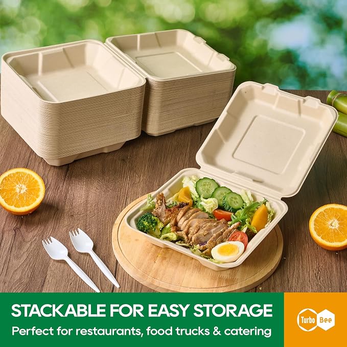 Turbo Bee 100 Pack 8x8inch Natural Take Out Containers with Lids, Large Disposable Clamshell Food Containers for Full Meals, Food Truck, BBQ, Catering & Meal Prep Natural - Image 5