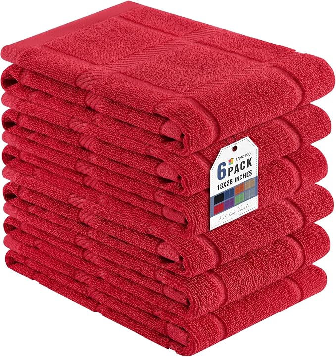 Homaxy 100% Cotton Kitchen Towels 18"x28", 6 Pack Dish Towels, Red | Large 380 GSM Soft and Absorbent Kitchen Hand Towels with Terry Grid Design, Utility Tea Towel Set with Hanging Loop by Homaxy