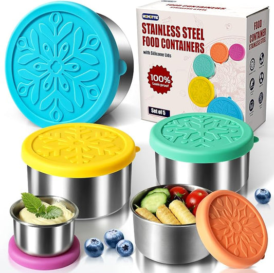 18/8 Stainless Steel Food Snack Storage Containers(5 Pack: 2/4/8/14/24oz) | Stackable, Leakproof Lunch Box with Silicone Lid, for Kids and Toddler Home School Use by VisittheHomotte